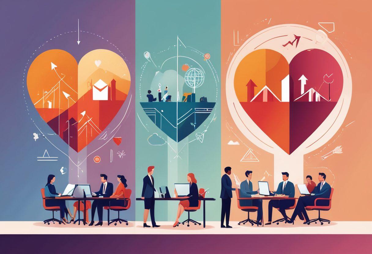 A beautifully designed split-screen illustration, showcasing two halves: one side features a diverse group of people collaborating in a workplace, surrounded by symbols of career growth like briefcases and upward arrows; the other side displays friends engaging in meaningful conversations, with hearts and connection lines around them. The background should blend warm colors for the relationships side and cooler tones for the career side, symbolizing balance and insights. vector art. vibrant colors.