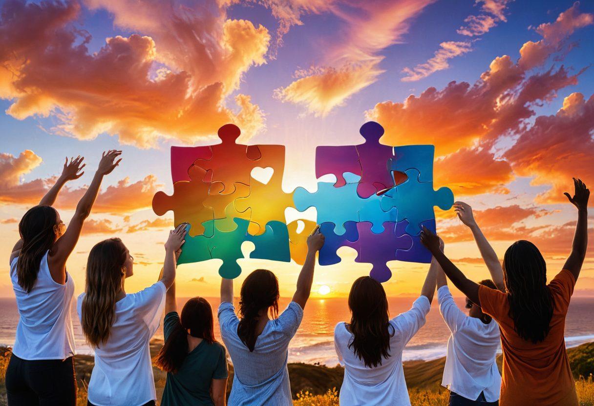 A serene landscape depicting a diverse group of people interacting harmoniously, with each individual holding a puzzle piece that represents their Myers-Briggs personality type. Vibrant colors illuminating the scene to symbolize energy and connection, with soft, flowing lines to suggest growth and transformation. In the background, a colorful sunset creates an uplifting atmosphere. super-realistic. vibrant colors. 3D.