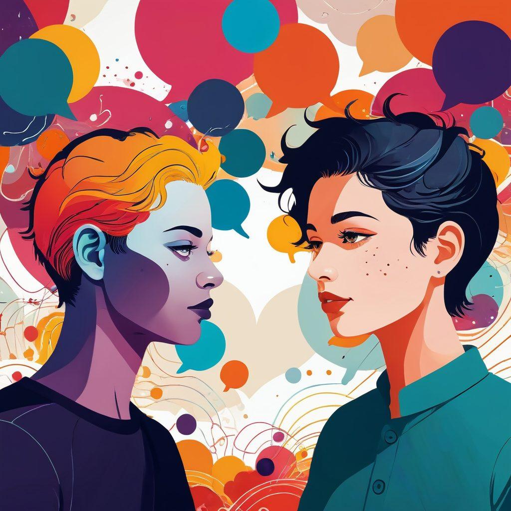 A vibrant, abstract illustration showcasing two individuals with distinct communication styles, one depicted as open and expressive with colorful speech bubbles, and the other more reserved with muted tones. In the background, intertwining paths represent team dynamics and romantic connections, with symbols of collaboration like gears and heart shapes seamlessly blending. The overall feel is dynamic and engaging, encouraging transformation and understanding. bold colors. modern illustration. energetic composition.